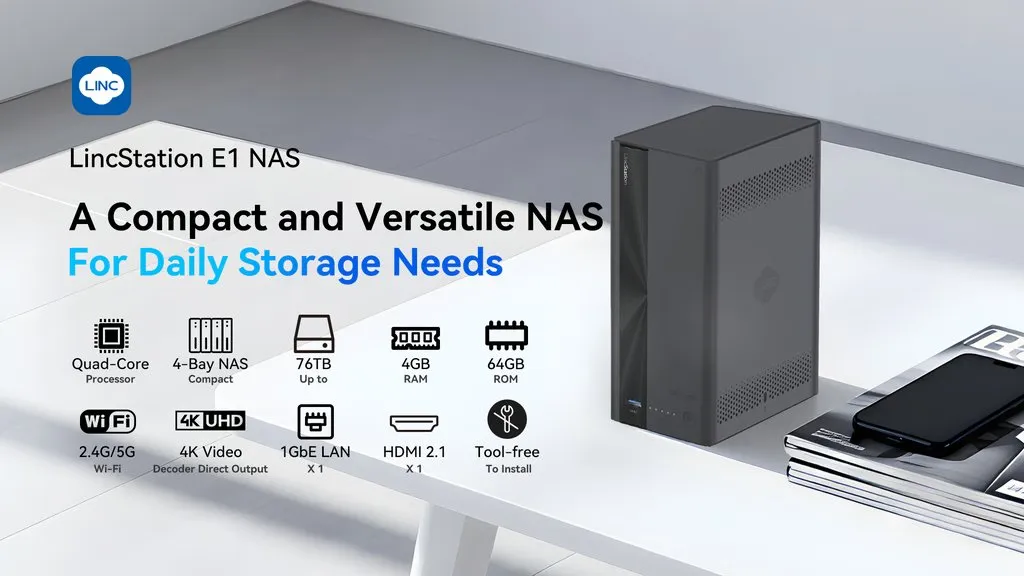 LincStation E1 NAS Launches at 9: Compact 4-Bay Storage with HDD + SSD Support